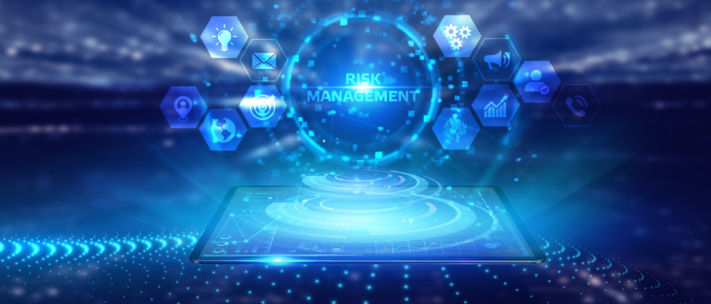 Digital Collage showing various risk management topics on a blue background