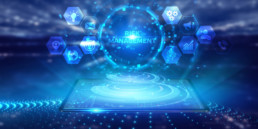 Digital Collage showing various risk management topics on a blue background