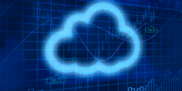 Graphic artwork showing a cloud icon over charts, in a blue color scheme