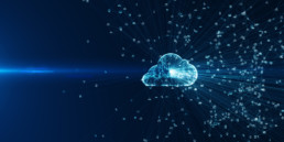 A digital artwork collage describing big data cloud computing on a dark blue background